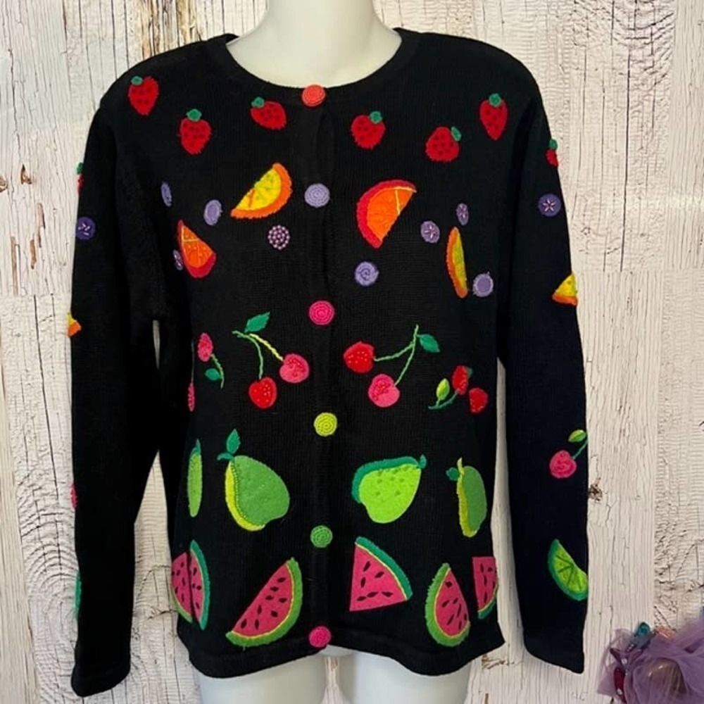 Vintage Rare Talbots Black Cardigan Bright Embroidered Fruit Size Small